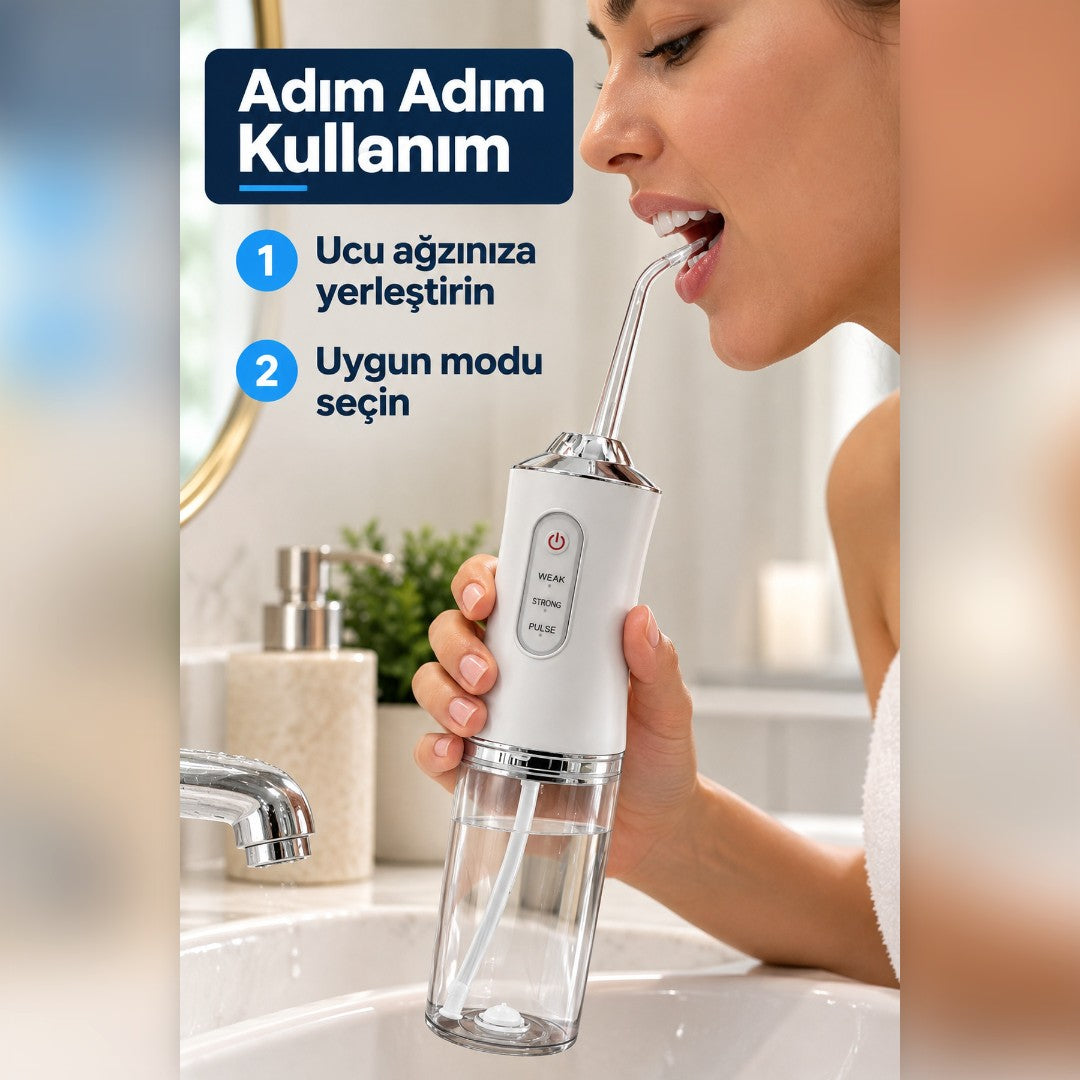 Şarjlı Taşınabilir Ağız Duşu - 3 Mod, 4 Başlık Hediye