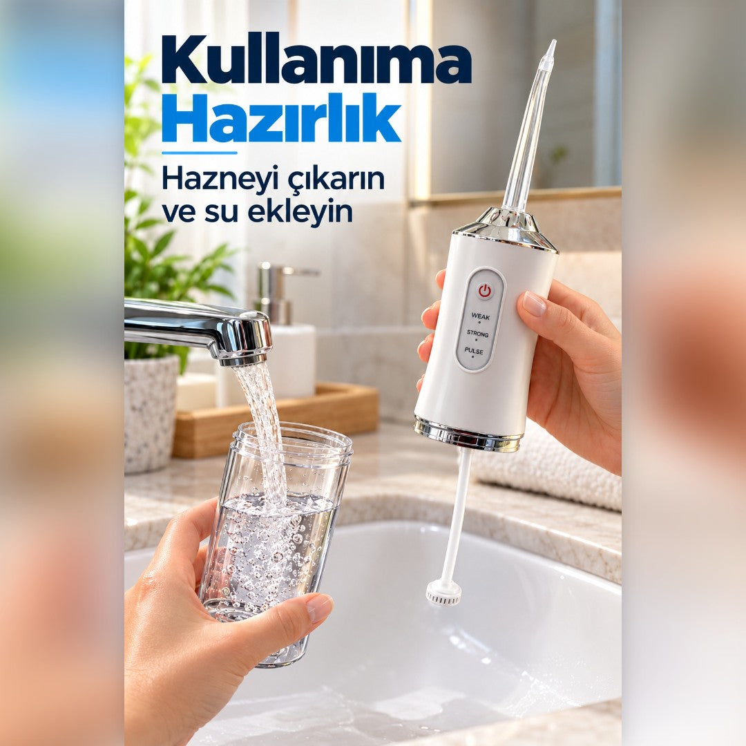 Şarjlı Taşınabilir Ağız Duşu - 3 Mod, 4 Başlık Hediye